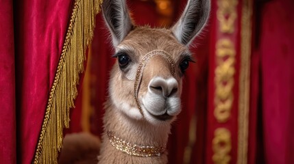 Obraz premium Elegant llama in luxurious red and gold setting with decorative halter and fringed curtains