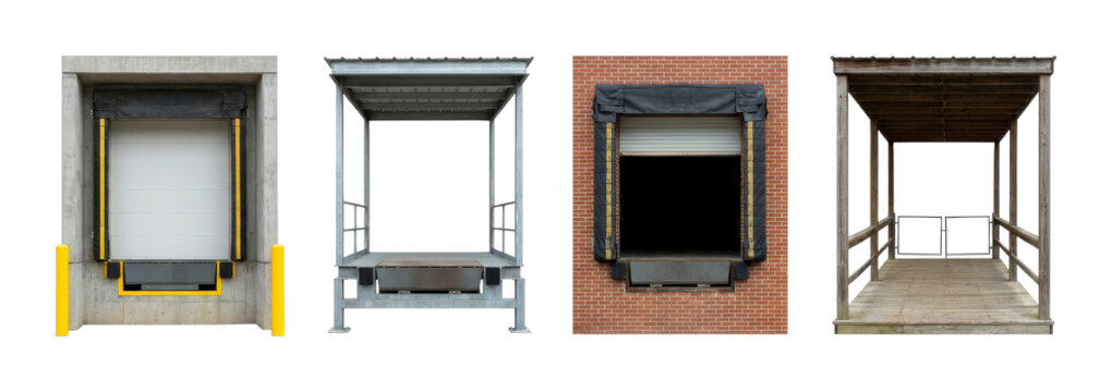 Four different industrial loading docks and commercial entrances showcasing various architectural styles and materials for logistics and supply chain operations.