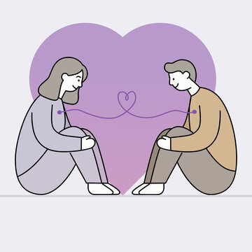 Ilustra&ccedil;&atilde;o vetorial minimalista de casal sentado com linha conectando seus cora&ccedil;&otilde;es em formato de la&ccedil;o