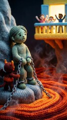 Fototapeta premium Knitted man on a rock with chains and red devil in a hell-like scene as happy people are in light. Biblical story for kid book.