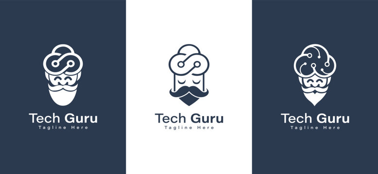 Tech bearded gadget guru logo template design. Creative tech guru logo design.