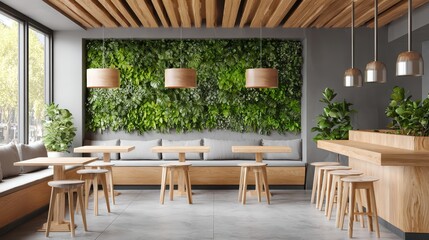 Fototapeta premium Modern café interior with vertical garden, wooden furniture, and natural lighting, featuring minimalist design and green aesthetics