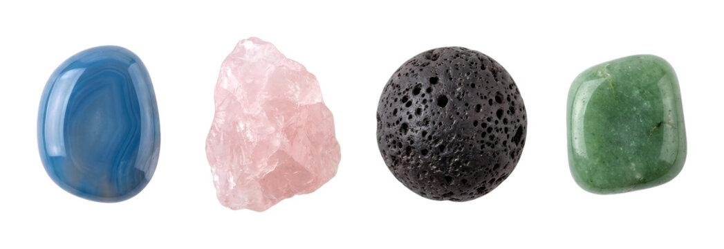 Various natural stones, crystals, and minerals display their unique textures and colors, showcasing the beauty and diversity of geological formations.