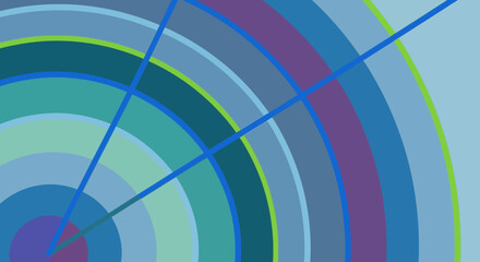 Fototapeta premium Abstract geometric composition featuring concentric circular bands intersected by bold intersecting blue radial lines and vibrant accent colors.