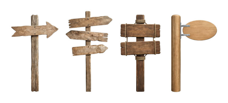 Four different wooden signposts with various shapes and textures are ready for custom messages, offering rustic charm and clear directional guidance for any project.
