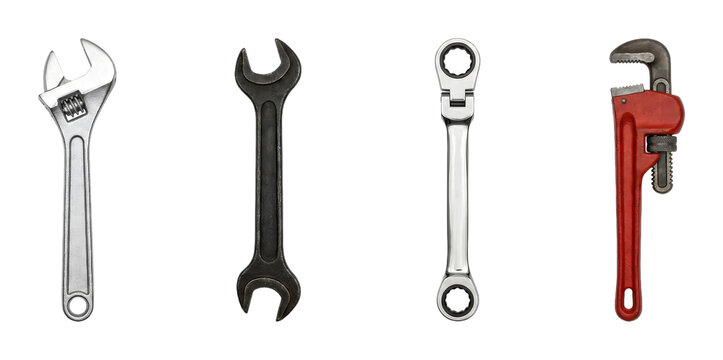 Four different types of wrenches and spanners are displayed side by side, showcasing various designs and functions for mechanical and plumbing tasks.