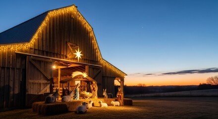 Fototapeta premium Nativity scene in front of a barn decorated with lights at dusk. Christian religious display for Christmas and Epiphany celebration.