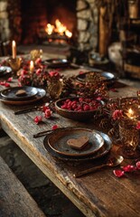 Fototapeta premium Rustic Valentines Table by Fireplace with Raspberries and Candles