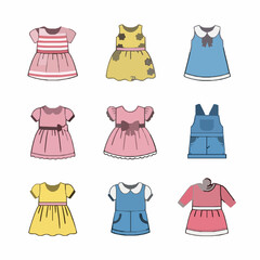 Little Girl Wardrobe Flat Icons with Colorful Baby Dresses