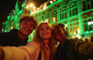 Obraz premium Diverse friends taking a selfie in front of a green lit building