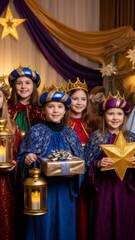 Fototapeta premium Kids dressed as three wise men for Epiphany celebration, holding gift, lantern, and star. Traditional Nativity scene for religious holiday fun.