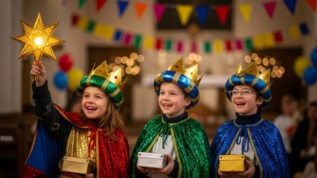 Group of happy children dressed as the Three Kings for Epiphany. Kids in nativity costumes celebrating holiday, a Christian tradition event.