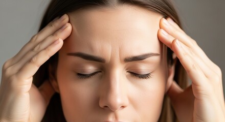 Obraz premium young woman experiencing headache with stress expression on gray background