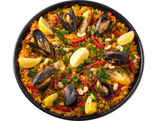 A close-up shot of a flavorful paella dish with mussels, seafood, and lemon Isolated Transparent Background, PNG