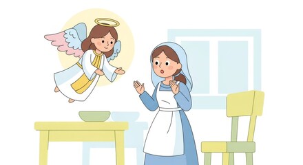 Fototapeta premium Floating angel with halo speaking to young woman in blue dress and white apron. Annunciation scene from the Bible for religious illustration.
