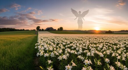 Fototapeta premium Angel spirit over a field of white lily flowers at sunset. Religious concept for Easter or Palm Sunday. Heavenly peace and spiritual moment.