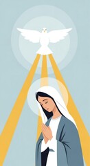 Fototapeta premium Woman praying with dove and light rays, symbolizing the Annunciation or spiritual devotion. Religious illustration for Easter, Virgin Mary, or Palm Sunday.