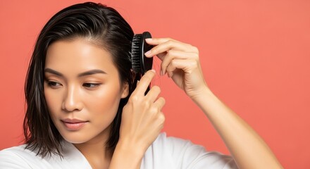 Obraz premium young asian woman brushing hair against coral background with casual expression and focus