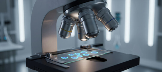 Fototapeta premium Futuristic microscope with holographic digital display in modern laboratory. Blue glowing interface on slide stage for scientific research and biotech analysis.