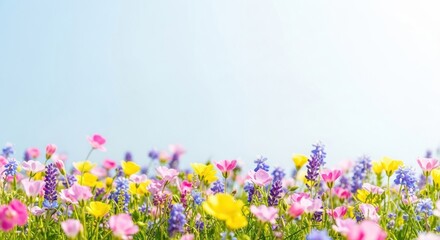 Fototapeta premium colorful wildflowers blooming in a vibrant meadow under a clear blue sky on a sunny spring day