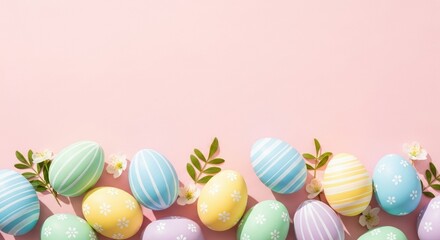 Fototapeta premium pastel easter eggs on pink background with flowers and leaves celebrating spring holiday