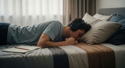Obraz premium young person listening to music with headphones while lying on bed in cozy bedroom
