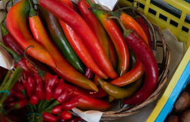 Fresh chili peppers in a basket at market stall
