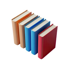 Five colorful books standing upright in a row on a dark surface