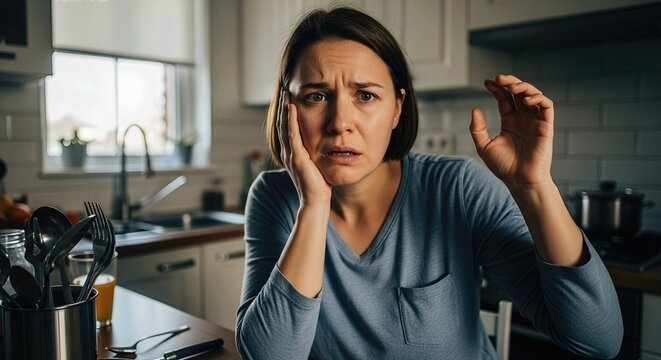 Anxious woman experiencing sudden neurological symptoms, a potential transient ischemic attack or initial major stroke warning, requiring urgent medical awareness.