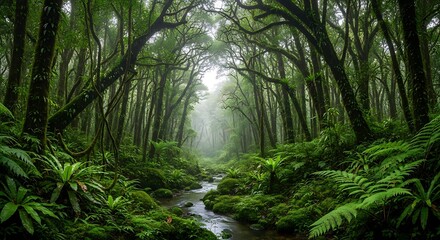 Fototapeta premium Lush, dense forest scene with a stream winding through vibrant green foliage under a misty sky