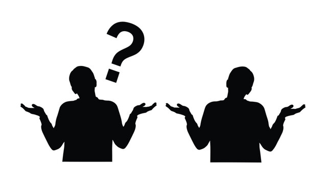 Two figures with questioning gestures a black silhouette