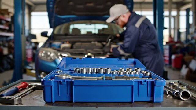 close-up of a toolbox in a car repair shop