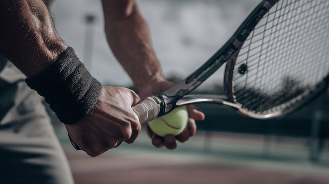 strong athletic arms and hands holding a tennis racket, knuckles and veins visible, fingers wrapped around textured grip tape, racket strings striking the tennis ball right at the