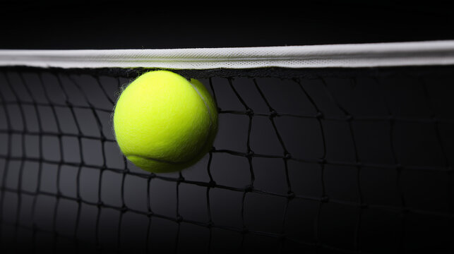 tennis ball flying into the net on left third with large clean black copy space on right, bright yellow ball sharply defined with motion trail, net fibers reacting to impact, smoot