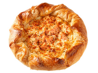 A delicious salmon quiche, a savory baked pastry dish, presented in a close-up shot. The quiche features flaky crust and a creamy salmon filling  Isolated Transparent Background, PNG