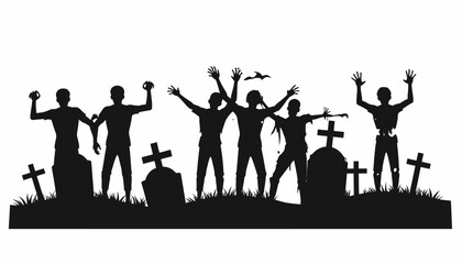 Silhouette of people rising from graves with arms raised in celebration.