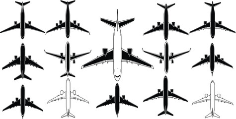Collection of fifteen airplane silhouettes in grid, top-down aircraft illustration showing diverse designs, aviation pattern, transportation concept, and flight themes © Masud
