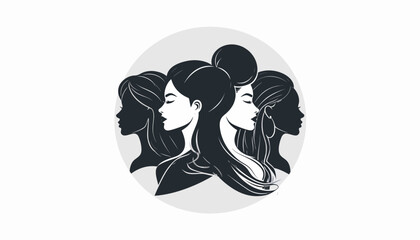 Illustration of multiple female faces in a circular pattern.