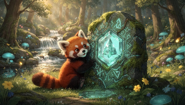 A cute red panda hugging a mossy rune stone with a glowing crystal, in a dreamy forest clearing with a soft waterfall in the background
