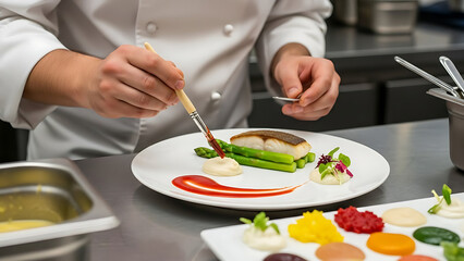 Chef decorating a gourmet dish with sauce and herbs isolated on white background