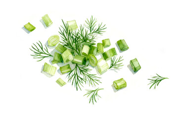 Watercolor painting of green onions and dill