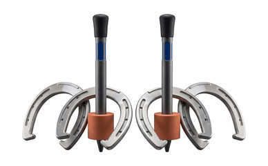 Naklejka premium Metal horseshoe set with two stakes and four horseshoes.