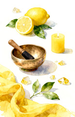 Watercolor painting of a Tibetan singing bowl with a candle