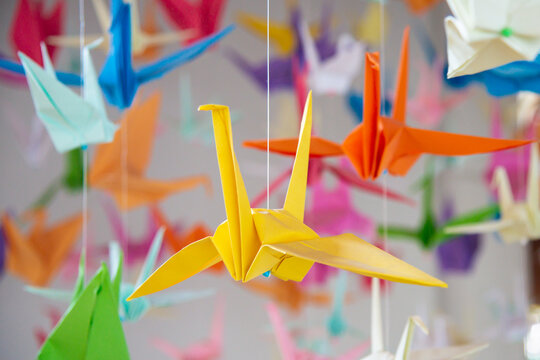 Japanese paper cranes made with origami.
