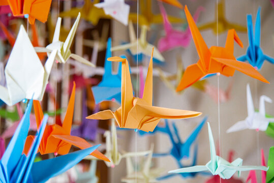 Japanese paper cranes made with origami.
