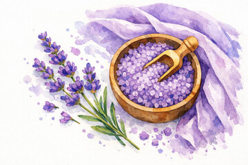 Watercolor painting of sea salt with lavender