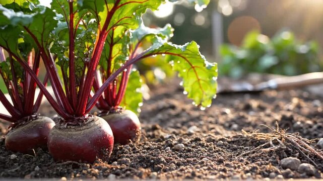 Close-up of fresh beets growing in garden soil, with morning sunlight and dew drops on the leaves, organic food