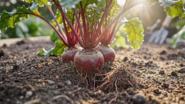 Close-up view of vibrant red beets growing in a raised garden bed with fresh green leaves and sunlight