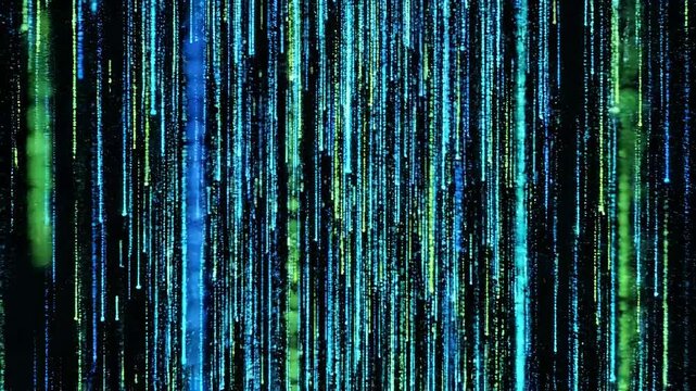 Abstract digital rain of blue and green binary code representing data flow.