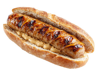 A delicious hot dog on a bun with mustard  Isolated Transparent Background, PNG